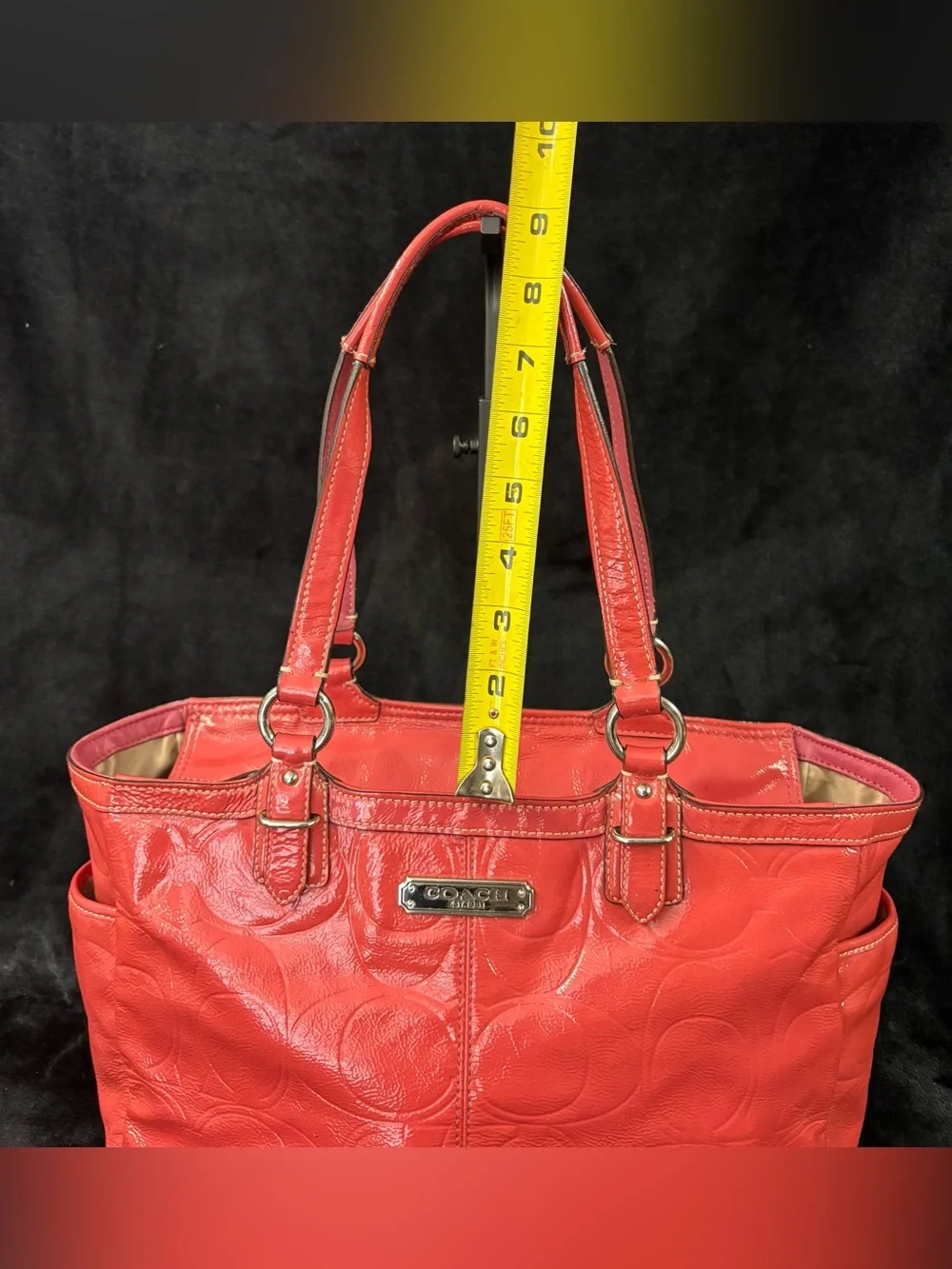 Coach Gallery Tote Coral Pink Signature Embossed Patent Leather F19462